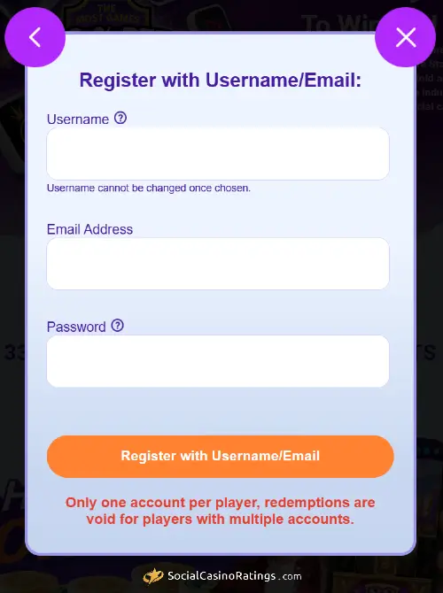 High 5 Casino Register Form